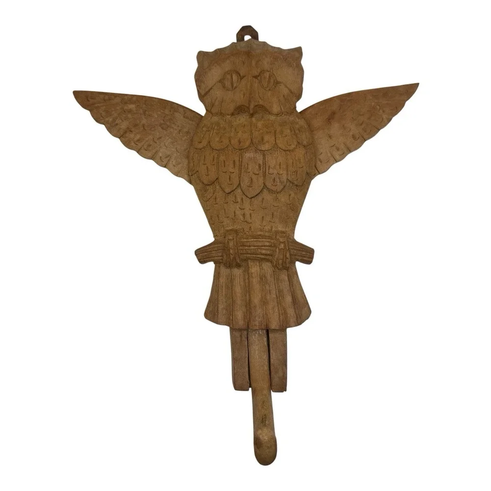 Vintage Hand Carved Wood Owl Wall Hook Articulated Flapping Moving Wings 14